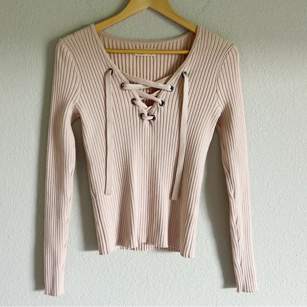 Hollister Rib Knit Sweater Lace Up Tie Long Sleeve Cotton Pink